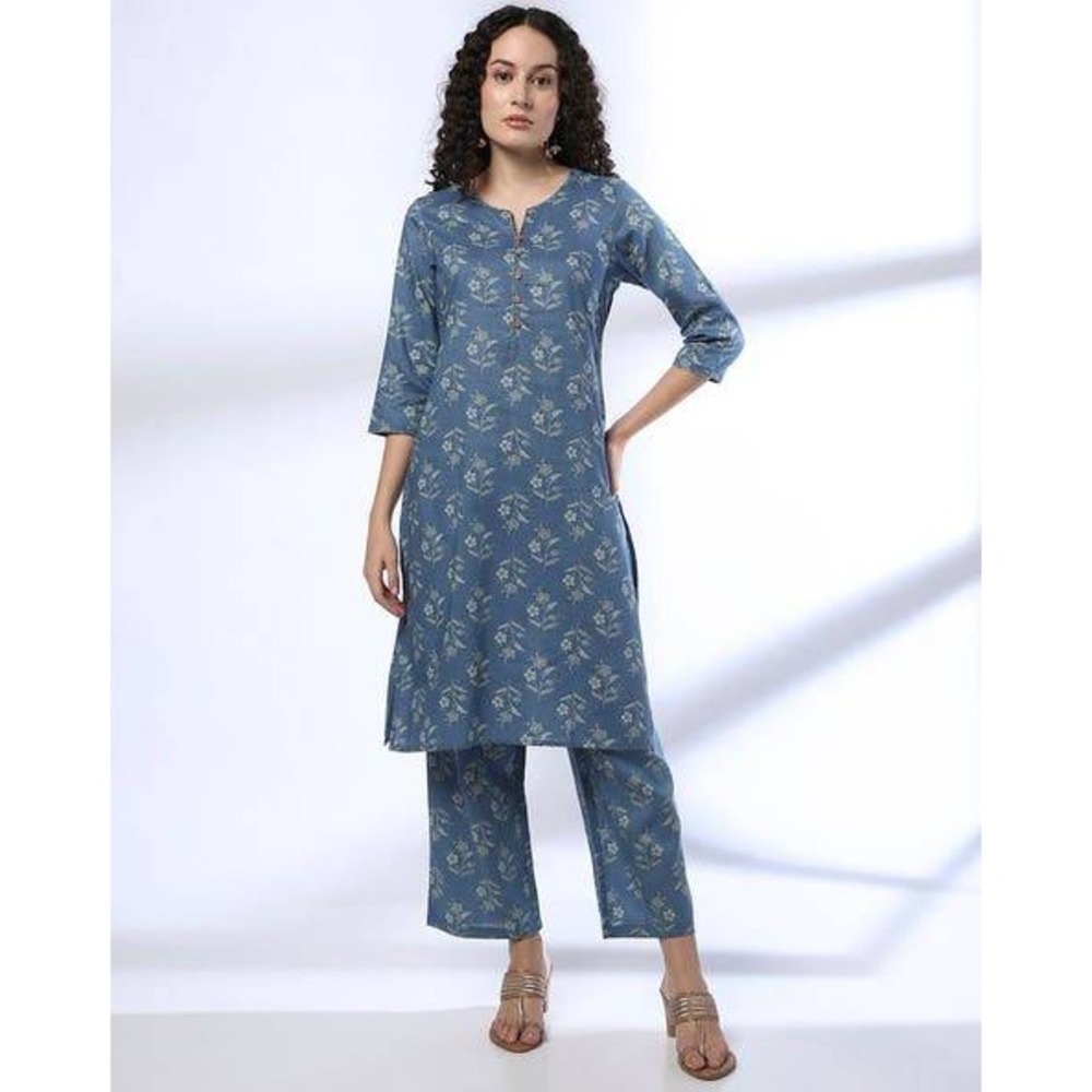 Avaasa Blue Floral‎ Print Pants Large Ethnic Wear Straight cropped Lightweight